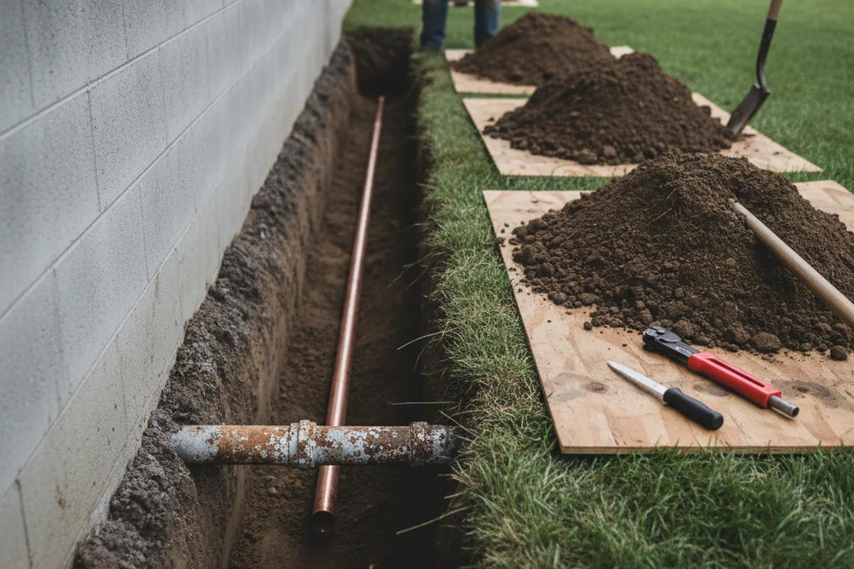 Excavated water line trench during Sewer Line Repair in Frost